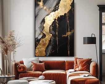 Gold, Black, Gray 100% Hand Painted, Acrylic Abstract Oil Painting, Textured Painting, Wall Decor Living Room, Office Wall Art