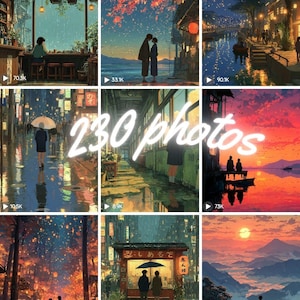 Puede incluir: Una colección de nueve impresiones de arte digital que presentan escenas atmosféricas. Las imágenes representan varios entornos, incluyendo un café lluvioso, parejas y paisajes con colores vibrantes. El texto "230 photos" se muestra.