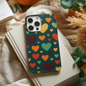 Heart Love Printed Tough Phone Case, iPhone 16 15 14 13 12 11 8 Pro Max Plus, Samsung Galaxy S25-S10, Colorful Heart Design,