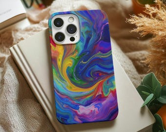 May include: A colorful phone case with a swirling abstract design in shades of blue, yellow, purple, and red. The case is resting on a closed book with a neutral-colored cover. The phone case has a multi-lens camera.