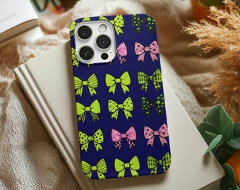 Bow Pattern Phone Case | Navy Background with Pink and Lime Bows | iPhone Samsung Galaxy