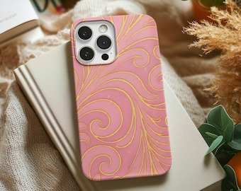 Pink Floral Tough Phone Case: Elegant Gold Swirls