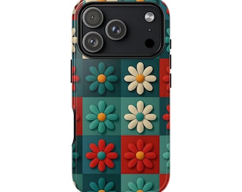 Funda para teléfono con estampado retro floral a cuadros / Estampado de margaritas / Funda resistente / iPhone Samsung Galaxy