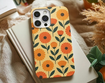 Orange Floral Tough Phone Case, Impact Resistant