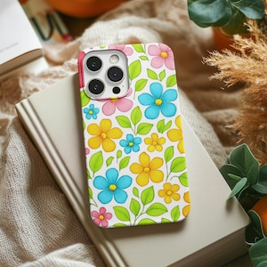 Floral Tough Phone Case for iPhone 16 15 14 13 12 11 8 Pro Max Plus and Samsung Galaxy, Colorful Flower Design, Aesthetic Phone Cover, Cute