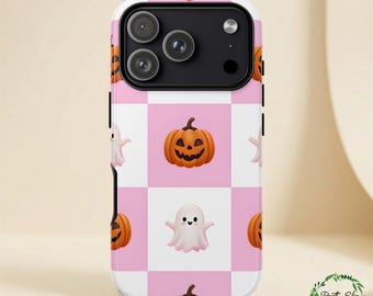 Pinkfarbene Geister-Kürbis-Schachbrett-Handyhülle | Robuste Halloween-Hülle (iPhone Samsung)
