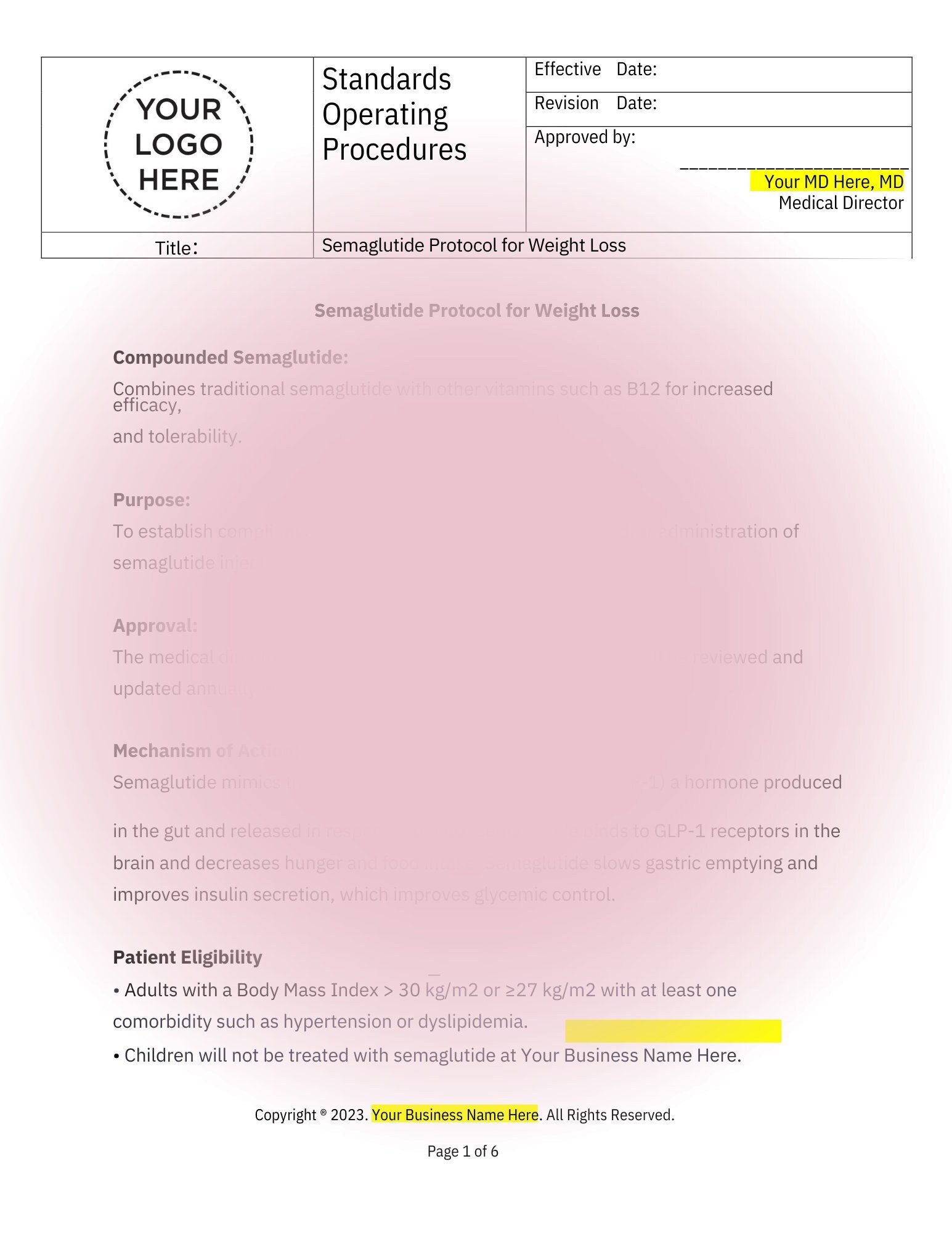 Semaglutide Protocol Standard Operating Procedures SOP Policy