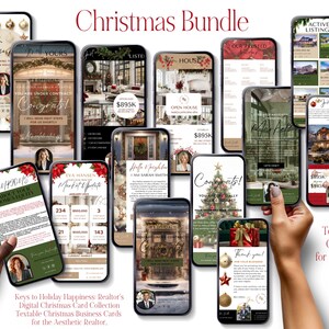 Visitekaartjes, digitale kerstkaarten, marketingbundel voor makelaars, vastgoedbranding in december, esthetiek. Tekstbare kaart, moderne agent