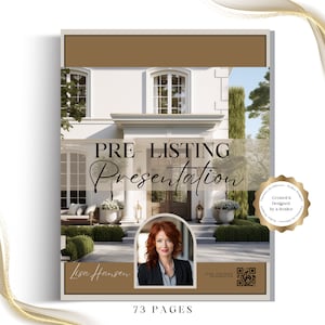 May include: A pre-listing presentation guide with a brown and white cover featuring a photo of a white house with a brown door. The title "PRE-LISTING Presentation" is written in black cursive font. The guide is 73 pages long and was created and designed by a realtor. The realtor's name, "Lisa Hansen", is written in black cursive font at the bottom of the cover.