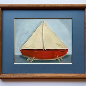 Toy boat- Original signed oil painting vintage frame 8x10 canvas paper