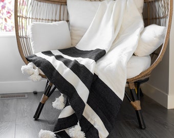 Handmade Moroccan Throw Blanket with Pompoms, White & Black Stripe