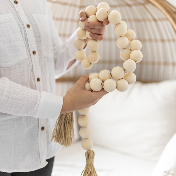 Extra Large Natural Wood Bead Garland With Tassel I Farmhouse Wood