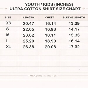 May include: A Youth/Kids Ultra Cotton Shirt Size Chart in inches. The table lists sizes XS through XL with corresponding length, chest, and sleeve length measurements in inches. The header reads YOUTH / KIDS (INCHES) ULTRA COTTON SHIRT SIZE CHART.