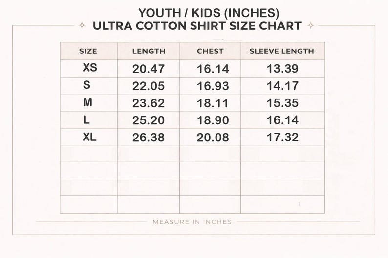 May include: A Youth/Kids Ultra Cotton Shirt Size Chart in inches. The table lists sizes XS through XL with corresponding length, chest, and sleeve length measurements in inches. The header reads YOUTH / KIDS (INCHES) ULTRA COTTON SHIRT SIZE CHART.