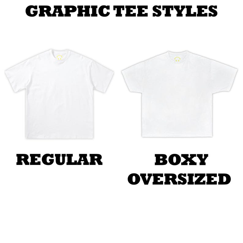 May include: Image showcasing two white graphic tee styles: "Regular" and "Boxy Oversized." The text "Graphic Tee Styles" is at the top. The shirts are plain, with short sleeves and a crew neck. The "Boxy Oversized" tee has a wider fit.