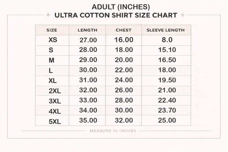 Puede incluir: Tabla de tallas de camisas de algod&oacute;n ultra para adultos, en pulgadas. Incluye tallas XS a 5XL, con medidas de largo, pecho y manga. Facilita la elecci&oacute;n de la talla correcta.