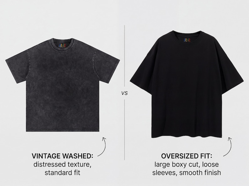 May include: Two t-shirts are displayed side-by-side. The left shirt is a vintage washed, distressed texture, standard fit. The right shirt is black, oversized fit with a large boxy cut, loose sleeves, and a smooth finish.