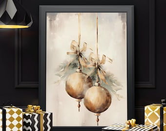 Christmas Vintage Ornaments Printable Wall Art, Christmas Bells Prints,Rustic Christmas Ornaments Prints,Xmas Holiday Art,Christmas Painting