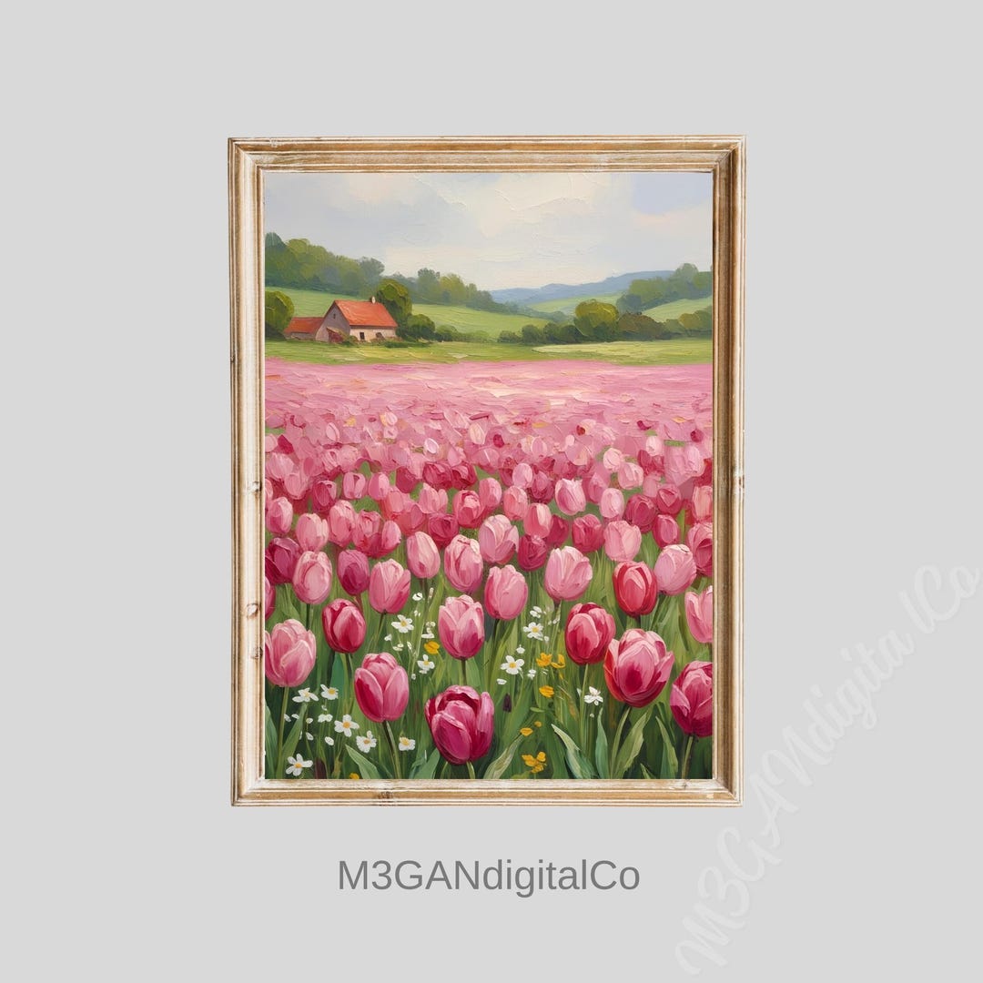 Vintage Pink Tulip Field Wall Art, Spring Wildflower Meadow Oil ...