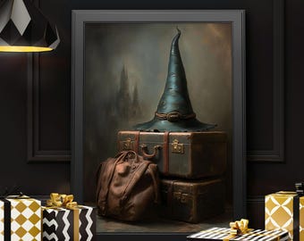Victorian Witch Items Wall Art,Vintage Witchy Print,Rustic Witch Hat Digital Print,Halloween Witchy Wall Decor,Dark Academia Decor,Moody Art