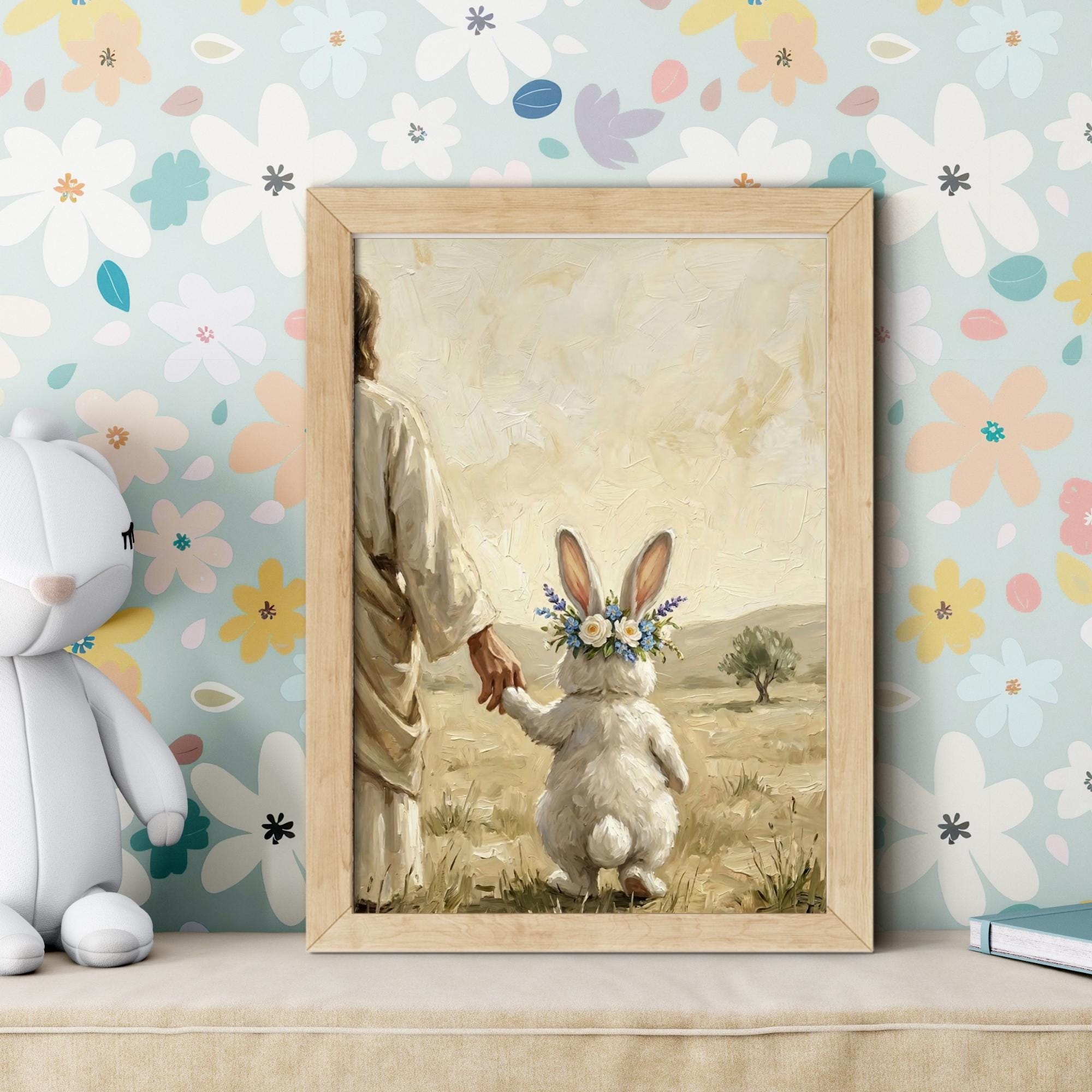 Jesus and Easter Bunny Wall Art, Christian Spring Decor, Savior Holding ...