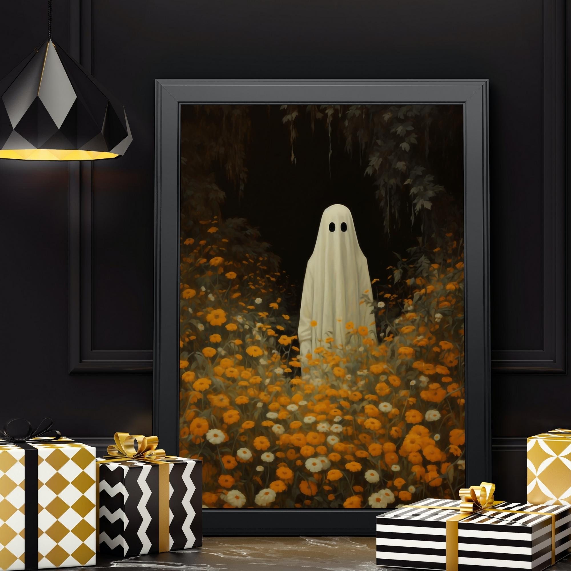 Vintage Halloween Cute Ghost in the Flower Field Wall Art Printable ...