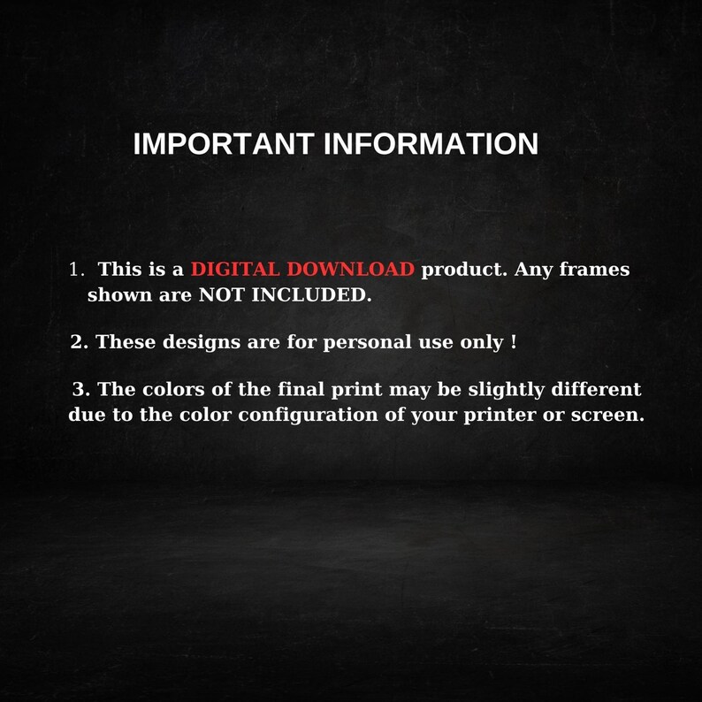 Pode incluir: Informa&ccedil;&otilde;es importantes sobre um produto de download digital. O texto indica que se trata de um produto de download digital, que as molduras mostradas n&atilde;o est&atilde;o inclu&iacute;das, que os designs s&atilde;o apenas para uso pessoal e que as cores da impress&atilde;o final podem ser ligeiramente diferentes devido &agrave; configura&ccedil;&atilde;o de cores da impressora ou do ecr&atilde;.