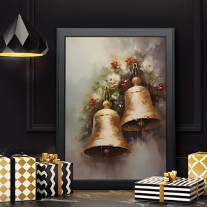Vintage Christmas Bells Wall Art,Rustic Christmas Ornament Prints,Xmas Holiday Art,Christmas Painting Wall Decor, Christmas Bells Printable