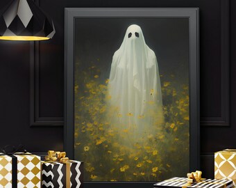 Vintage Halloween lindo fantasma en el hermoso campo de flores arte de la pared imprimible Halloween Vintage espeluznante temporada fantasma pintura otoño pared impresión