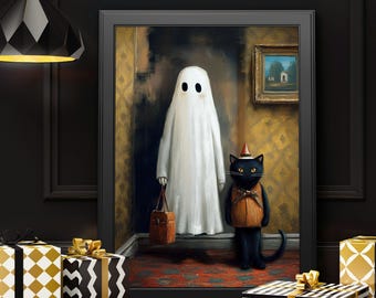 Impresión vintage de fantasma y gato de Halloween, arte mural de fantasmas de Halloween, regalo para amantes de los gatos negros con estampado de fantasmas, decoración de pared de temporada espeluznante, arte mural de fantasmas lindos