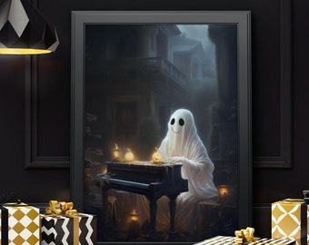 Vintage Halloween pared arte imprimible decoración lindo fantasma tocando el piano Halloween Vintage arte impresiones Halloween temporada espeluznante decoración de otoño