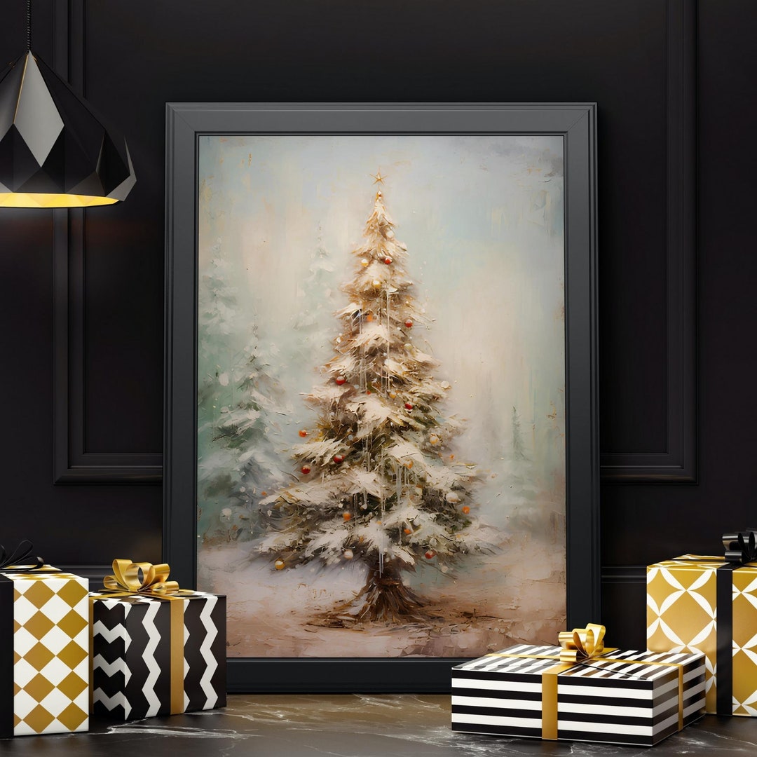 Vintage Snowy Tree Painting Wall Art, Winter Scene Wall Decor, Rustic