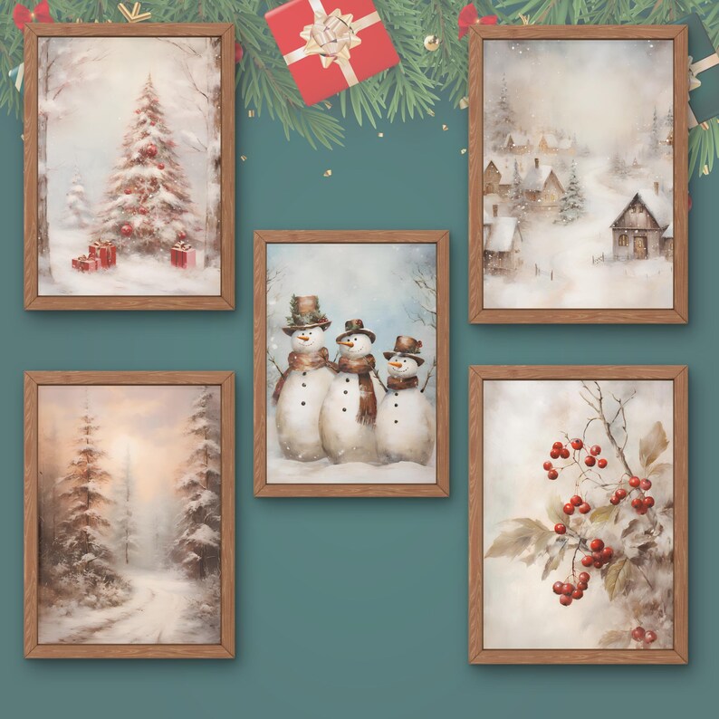 Vintage Christmas Winter Prints,rustic Winter Gallery Wall Set,winter Art,xmas Holiday Art