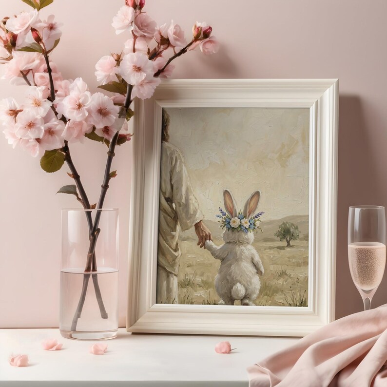 Jesus and Easter Bunny Wall Art, Christian Spring Decor, Savior Holding ...