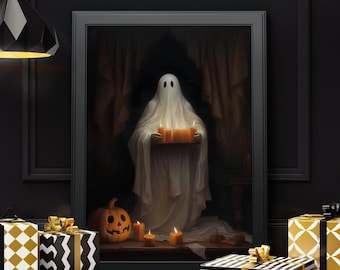 Halloween-Geist Gemälde Wand Kunst Geist hält eine Kerze Druckbare Geist Vintage Halloween-Wand-Dekor Rustikale geisterhafte Herbst Herbst Drucke