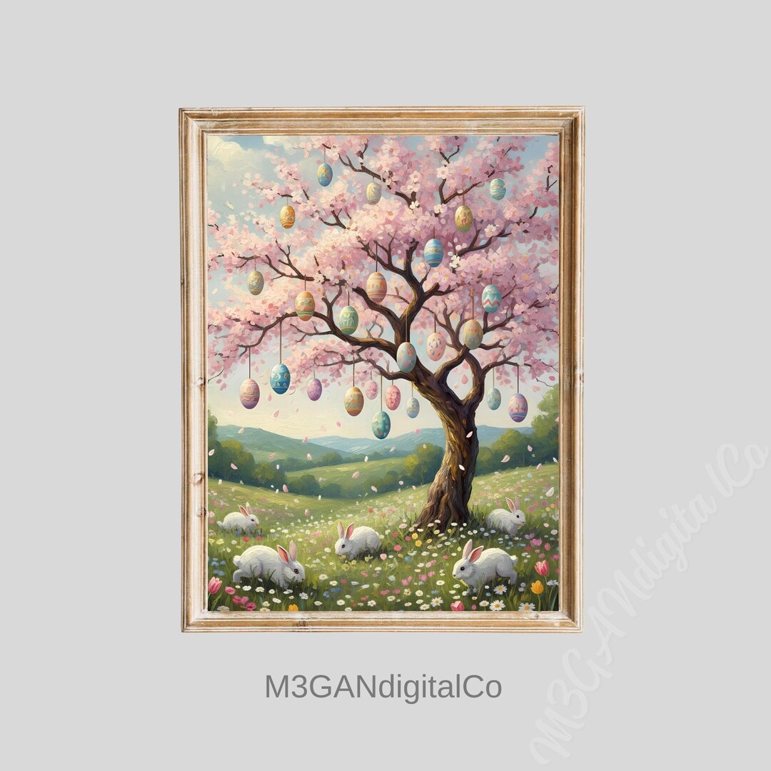 Spring Floral Tree Wall Decor, Vintage Easter Bunny Wildflower Print ...