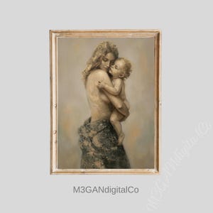 May include: A framed painting depicts a mother tenderly holding a baby. The artwork features soft, muted tones with a focus on the figures' skin and the textures of their hair and clothing. The frame is a light, natural wood color.