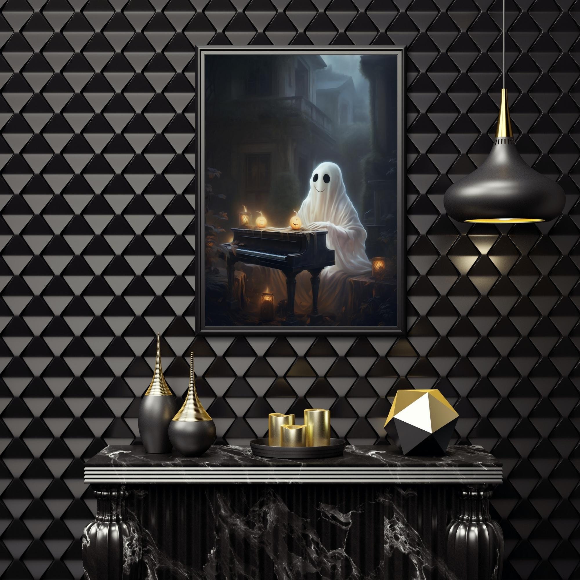 Vintage Halloween Wall Art Printable Decor Cute Ghost Playing the Piano ...