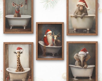 Christmas Bathroom Decor,Vintage Christmas Bath Gallery Wall Set,Xmas Prints,Holiday Art,Christmas Animals Set for Kids,Festive Prints Set