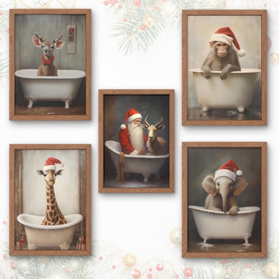 Christmas Bathroom Decor,Vintage Christmas Bath Gallery Wall Set,Xmas Prints,Holiday Art,Christmas Animals Set for Kids,Festive Prints Set