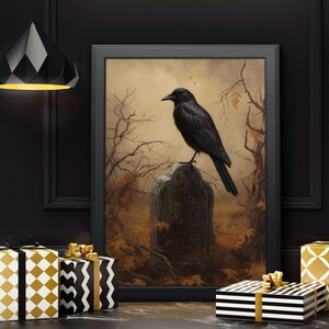 May include: A black crow perched on a weathered tombstone in a forest setting. The tombstone is inscribed with the words "Ernest Henry 1877-1949". The crow is facing to the right and has its wings folded. The background is a muted brown and green.