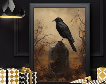Halloween Vintage Crow in The Cemetery Spooky Season Printable Wall Art Halloween Fall Decor Spooky Ghost Gothic Crows Wall Fall Art Prints