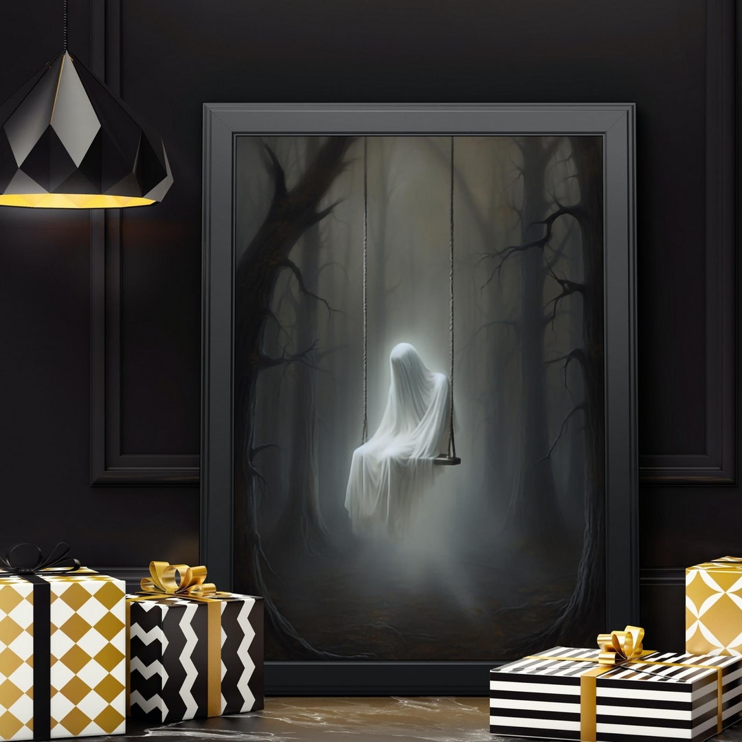 Vintage Halloween Wall Art Printable Halloween Decor Ghost Swinging on