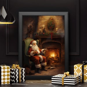Christmas Vintage Santa Claus Printable Xmas Rustic Decor Santa Wall Art Santa Claus by The Fireplace Prints Santa Gift Winter Holiday Print