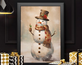 クリスマス ヴィンテージ 壁飾り 印刷可能な雪だるまの静物画、素朴なクリスマス アート かわいい ヴィンテージ 雪だるま 壁飾り クリスマス ホリデー プリント