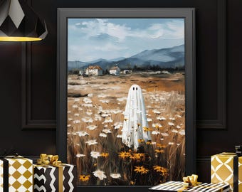 Vintage Halloween niedliche Geist-Wandkunst, niedlicher Geist-Wildblumenfeld-Druck Geistermalerei-Wanddekor, Geister-Druck Blumenherbst-Wandkunst, Geister-Kunst