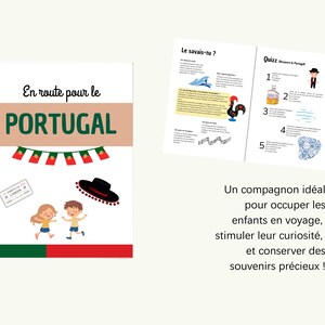 Peut inclure: Un cahier à spirales avec le texte "En route pour le PORTUGAL" et des illustrations de drapeaux portugais, d'un chapeau noir et d'enfants. Un livre ouvert montre des faits et un quiz sur le Portugal.
