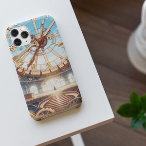 Peut inclure: Une coque de téléphone avec un design de cadran d'horloge avec des engrenages et un escalier menant à une porte. Le cadran de l'horloge est entouré d'un ciel bleu avec des nuages.