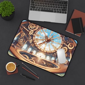 Puede incluir: Un ratón de ordenador con temática steampunk con una gran esfera de reloj y engranajes intrincados. La esfera del reloj tiene un cielo azul con nubes blancas y números romanos dorados. El ratón es marrón y dorado con un borde negro.