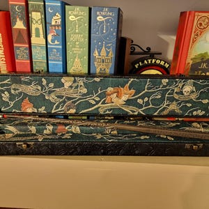 May include: A decorative wand in a black case with a teal and floral design. The case is open, revealing the wand inside. Bookshelves with various books are in the background, including a red book with the title "The Christmasaurus".